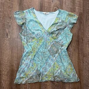 2000s Y2k Dressbarn Paisley Boho Babydoll Top Butterfly Sleeves Womens Size L/XL